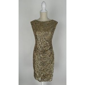 David Meister Gold Sequin Sheath Dress Evening Womens Size 6 Gold Sleeveless